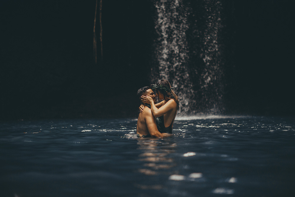 waterfall jungle photography session for engagement photos in Maui, Hawaii.