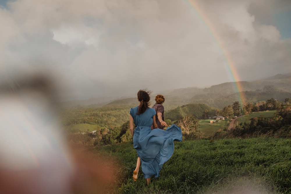 haiku, maui engagement photos under a rainbow