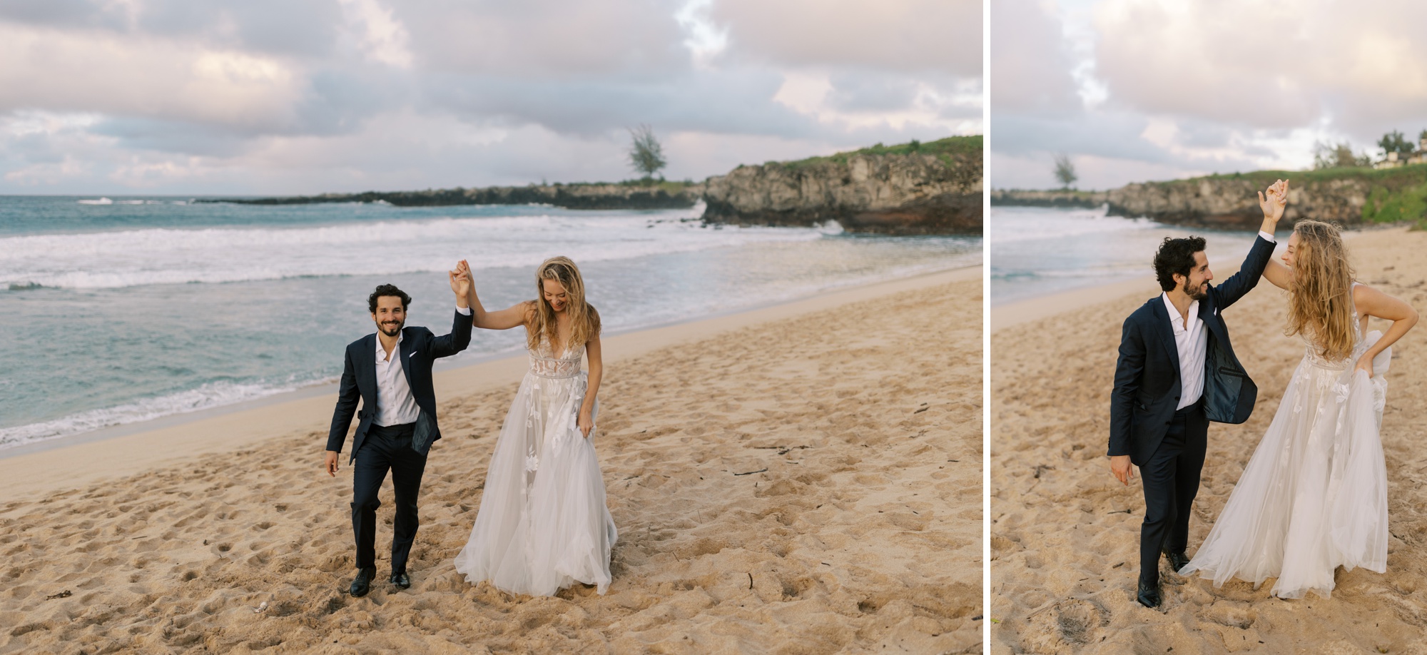 couple celebrating elopement with arms in the air 