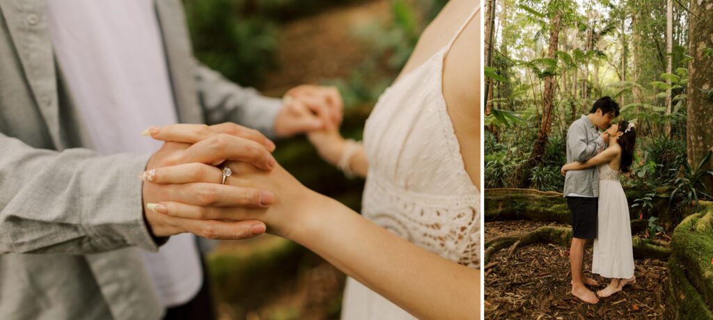 couple holding hands in kona cloud forest